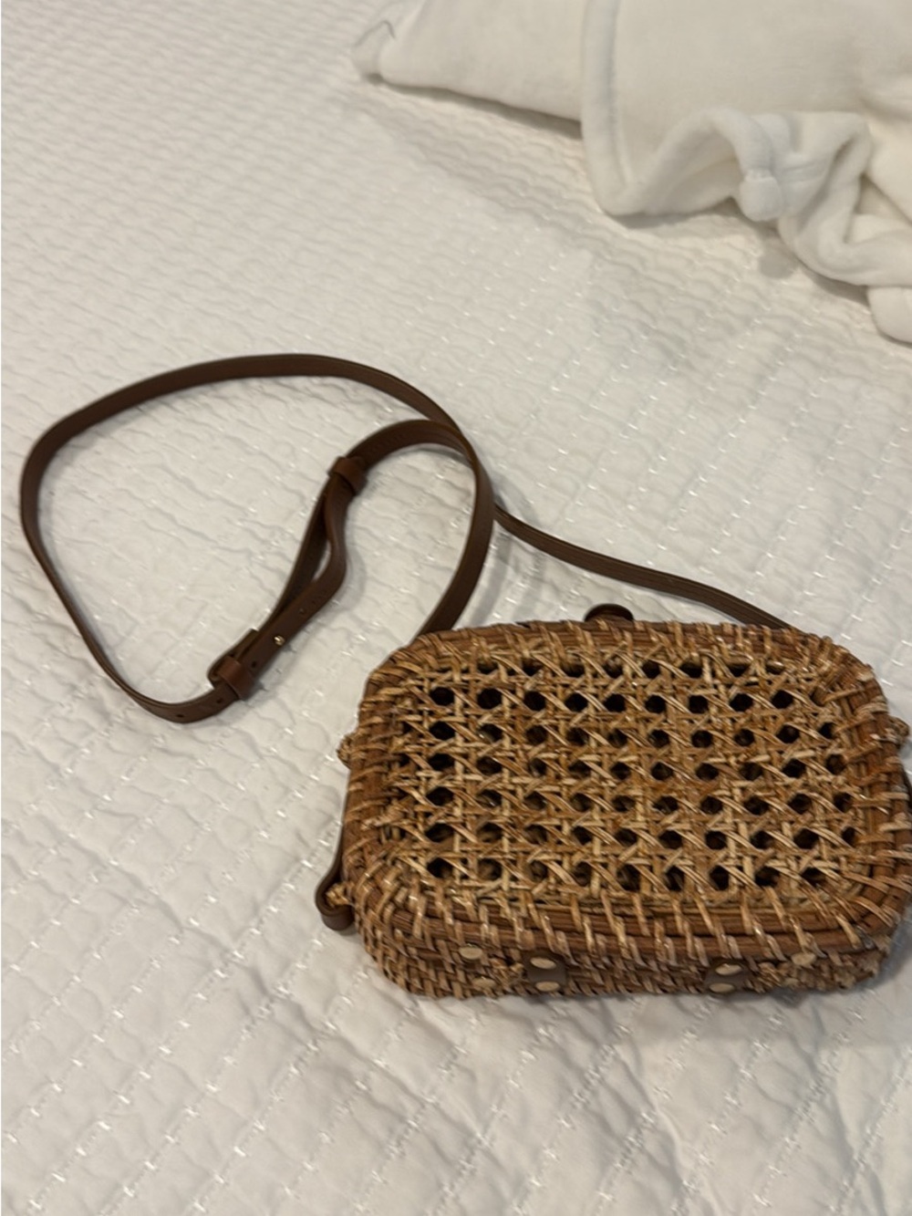 Woven Straw Crossbody Bag with Brown Leather Strap